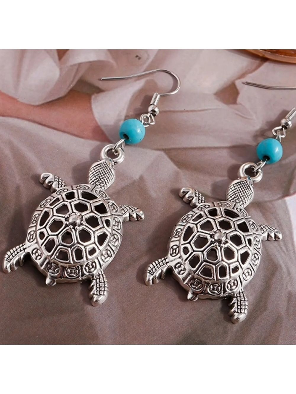 TURTLE EARRINGS SIMULATED TURQUOISE BEAD ACCENT ZINC ALLOY